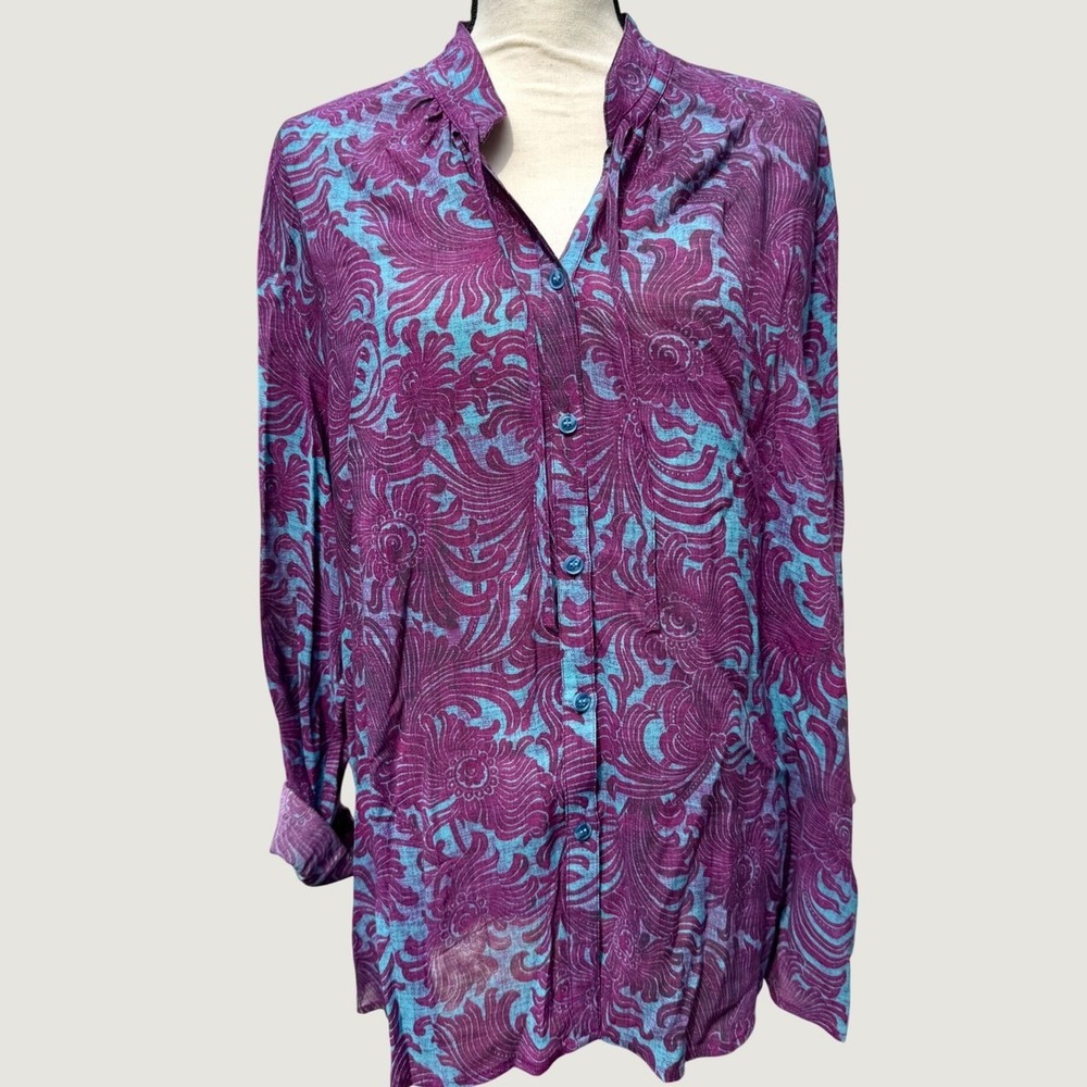 Peruvian Connection Purple Turquoise Floral Paisley Rayon Modal Blouse XL